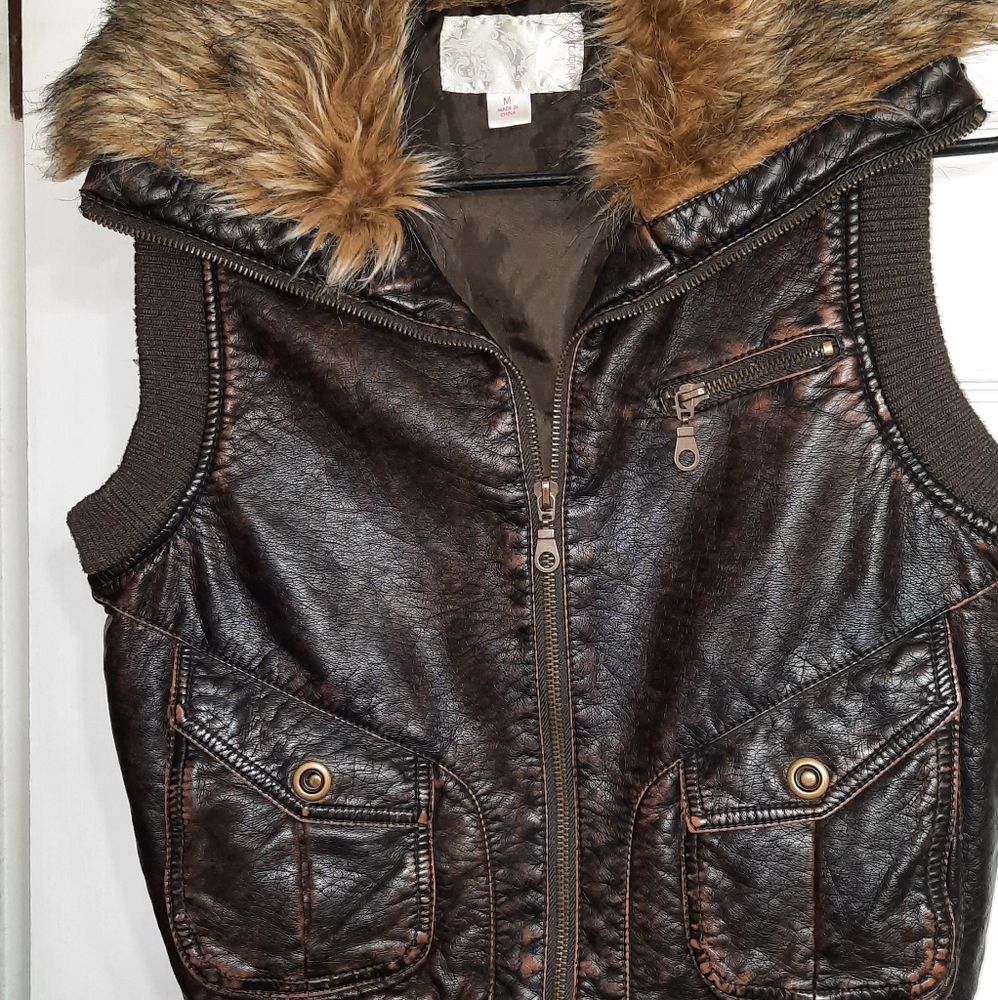 Brown Bomber Vest with Faux Fur Collar